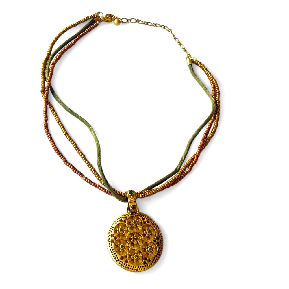 Vintage Premier Designs Gold Tone Green Rhinestone Medallion Necklace